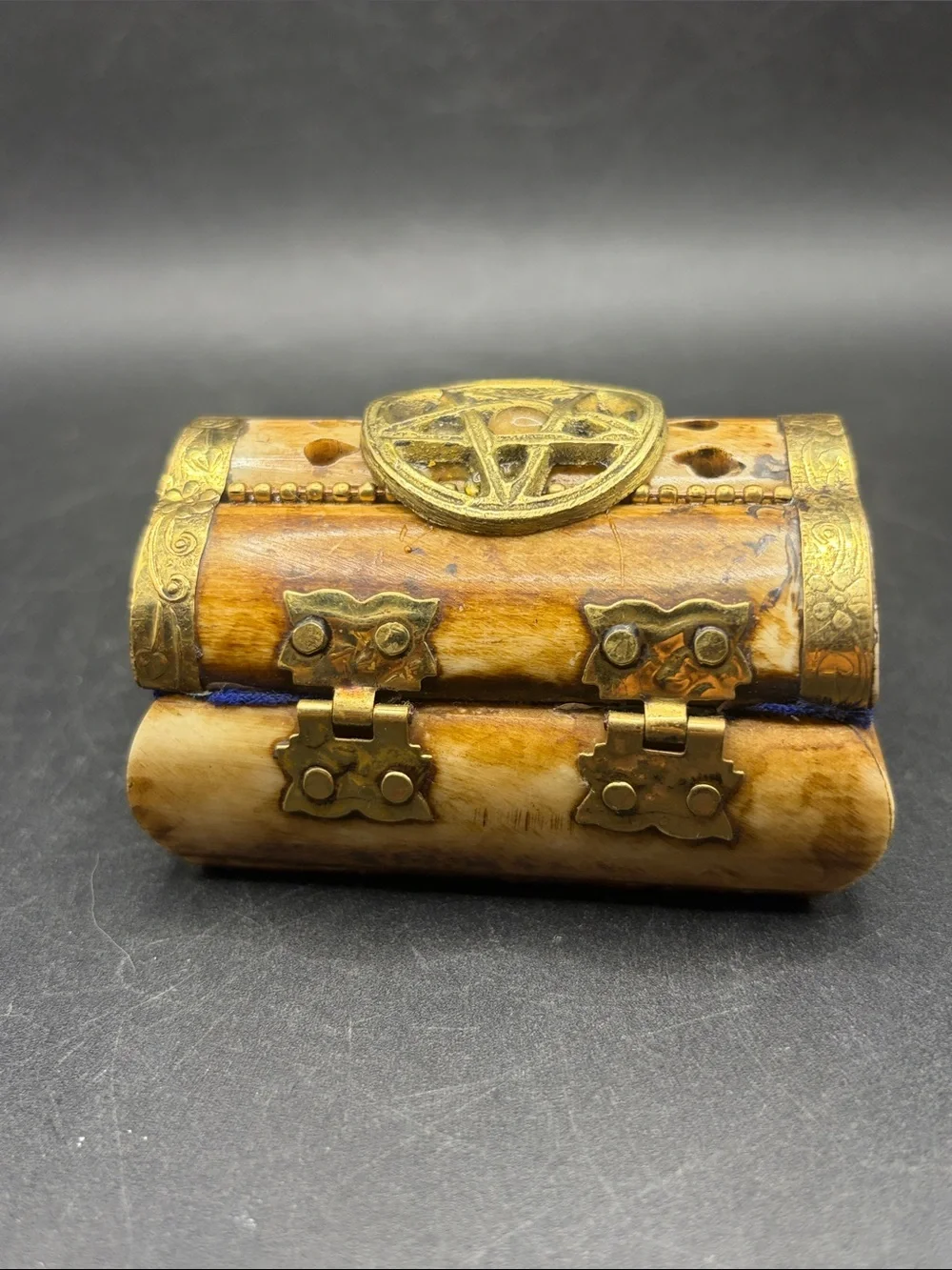 Vintage Bone & Brass Pentagram Star Trinket Treasure Box Hinged Jewelry Box